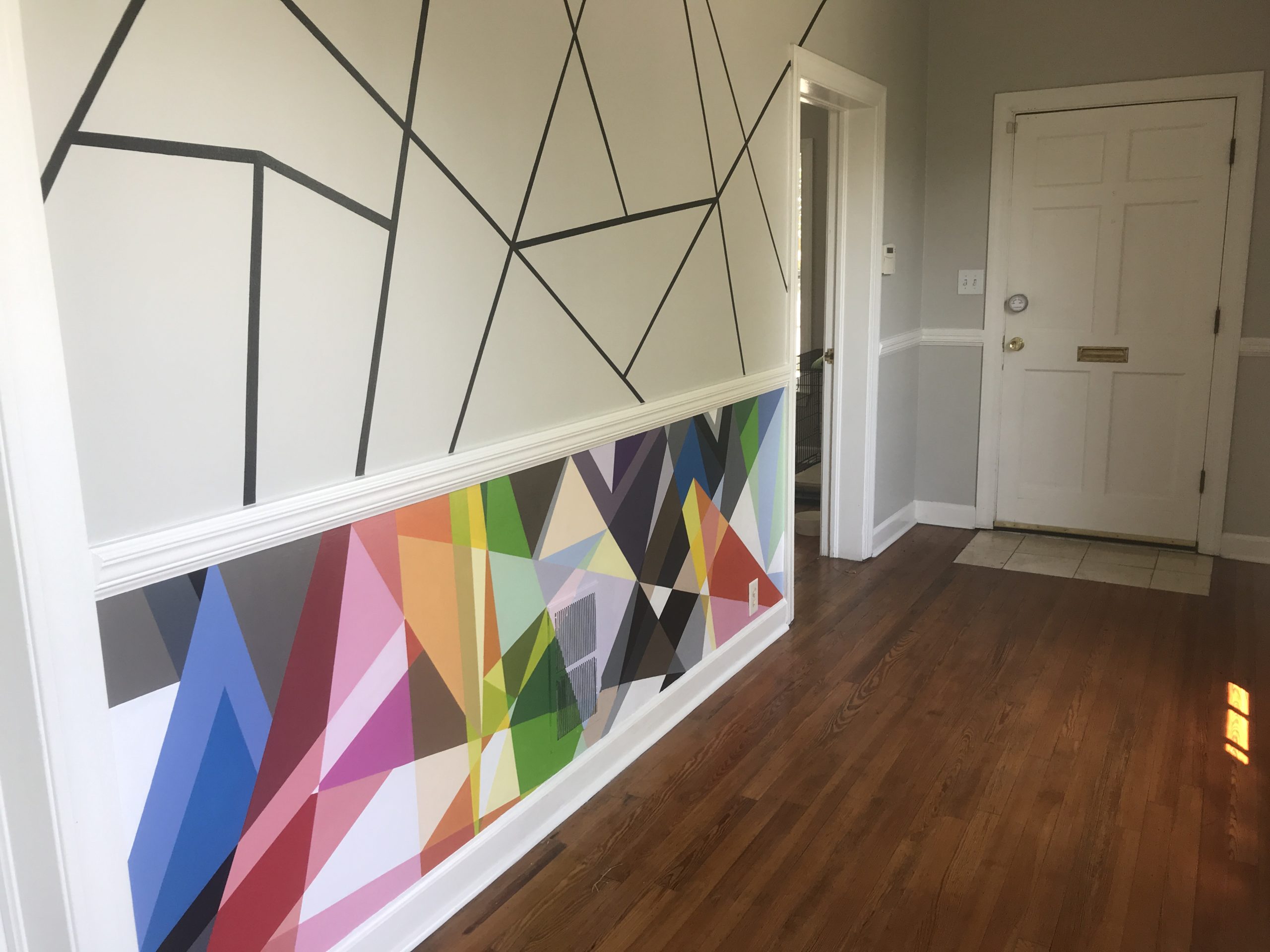 Geometric mural in hallway