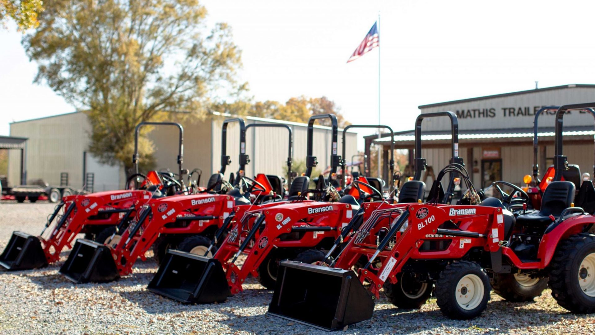 Tractors lined up in front the Mathis building