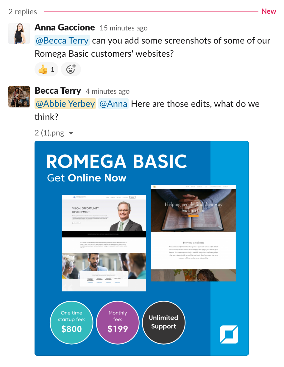 Slack discussion of feedback on a Romega Basic graphic