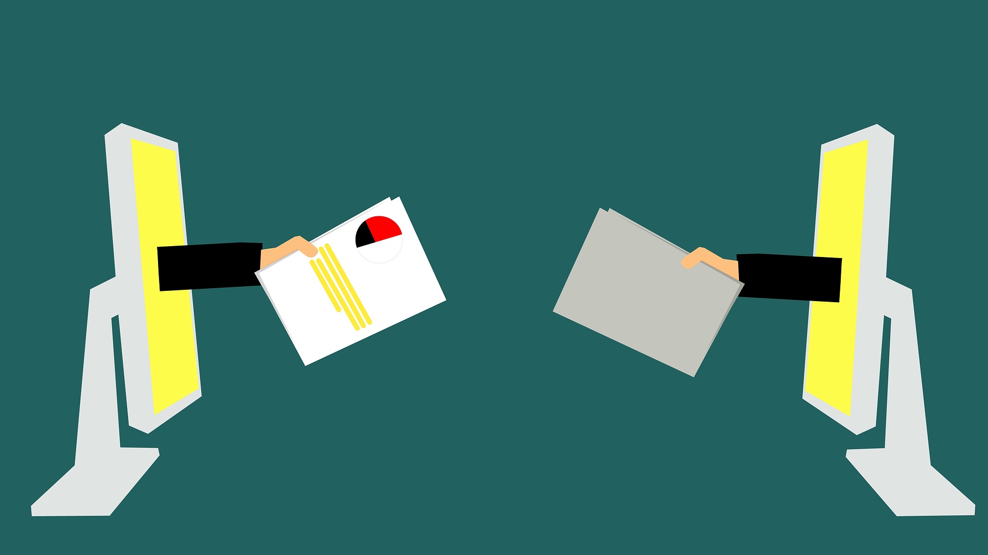 A graphic showing two computer monitors, each with a hand holding a folder or papers