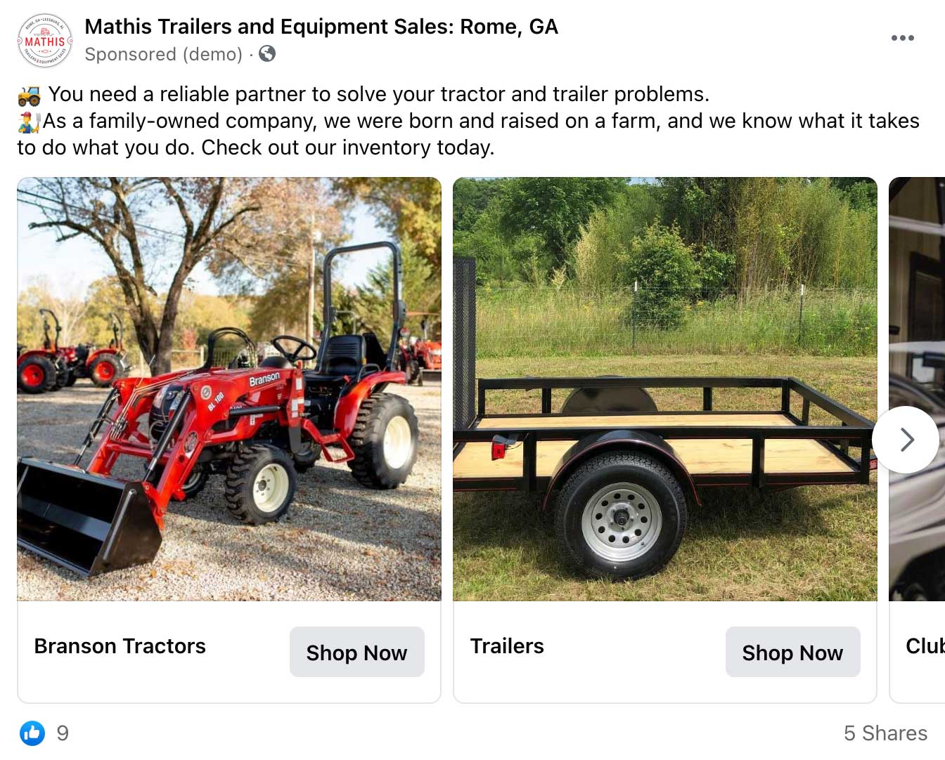 Screenshot of a Facebook ad for Mathis Trailers